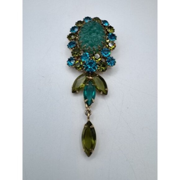 VTG Carved Green Jade Glass Rhinestone Green- Blue Gold Tone Long Dangle Brooch - Picture 13 of 13